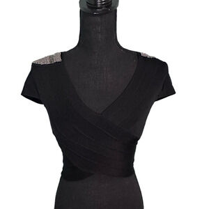 BEBE Crop Top Solid Bandage Black Metallic